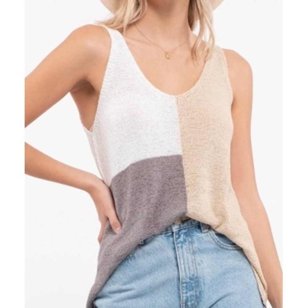 Minimalist Blu Pepper Colorblock Knit Tank Top V-Neck Cream Tan‎ Grey SZ S